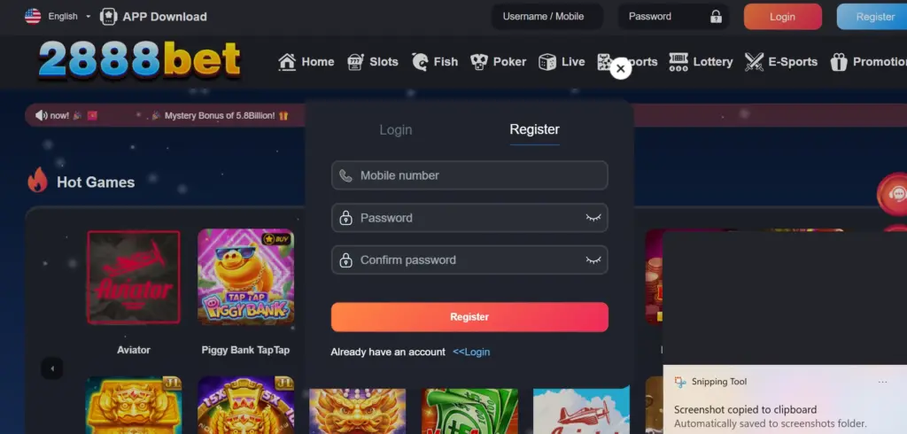 2888Pak Bet Game Register and signup screen